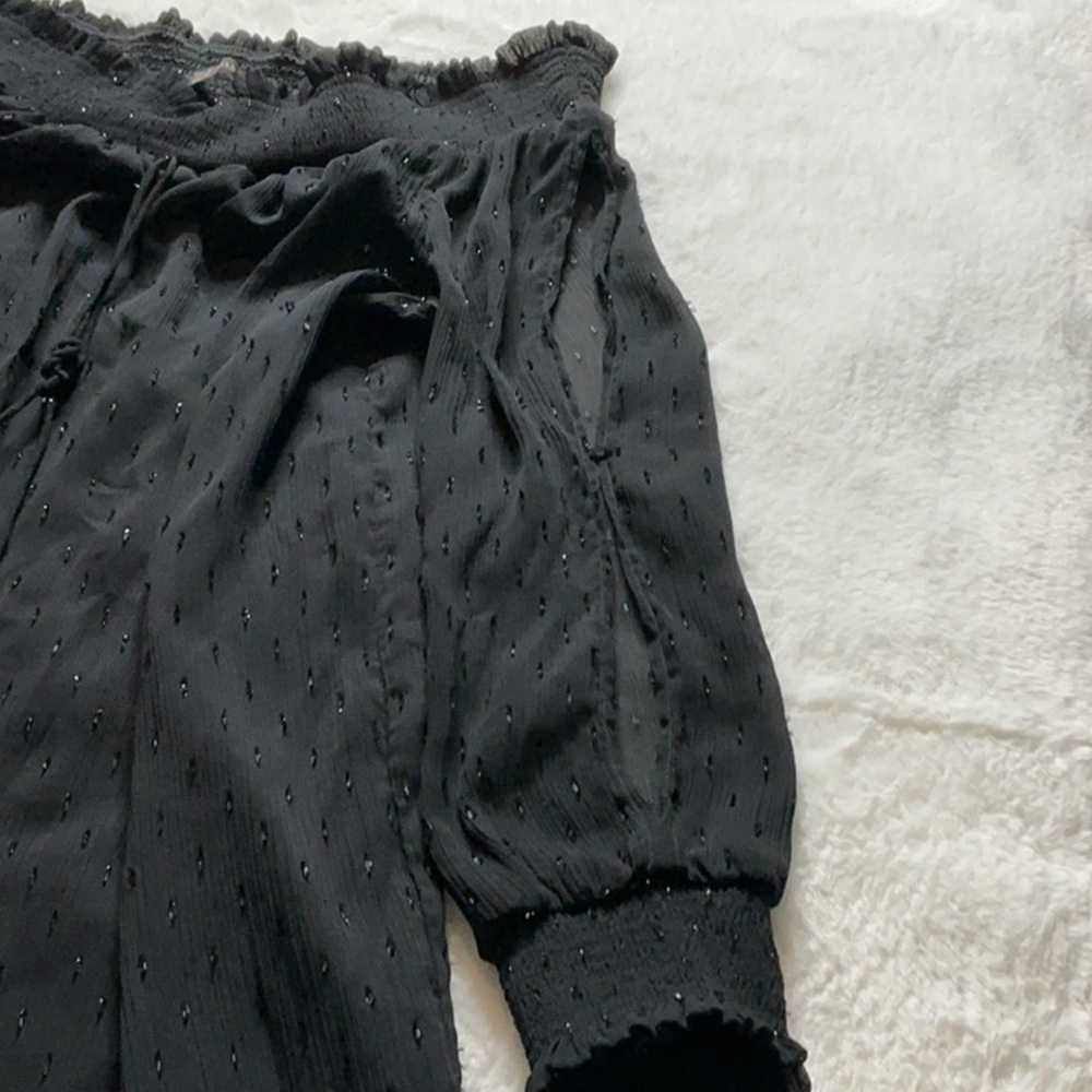 Zara Black Swiss Dot Off-the-Shoulder Blouse with Tassels - Picture 5 of 11